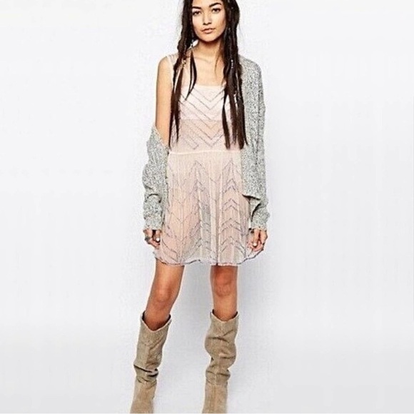 Free People Dresses & Skirts - Free People Embellished Slip Mesh Beaded Dress Sz S